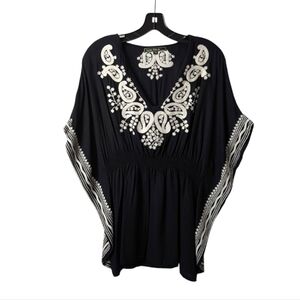 Love Stitch Butterfly Sleeve Top Black Off White Bohemian Floral Size Medium